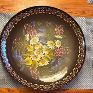 Vintage Hand-Painted Decorative Serving Tray Black with Multicolor Bouquet